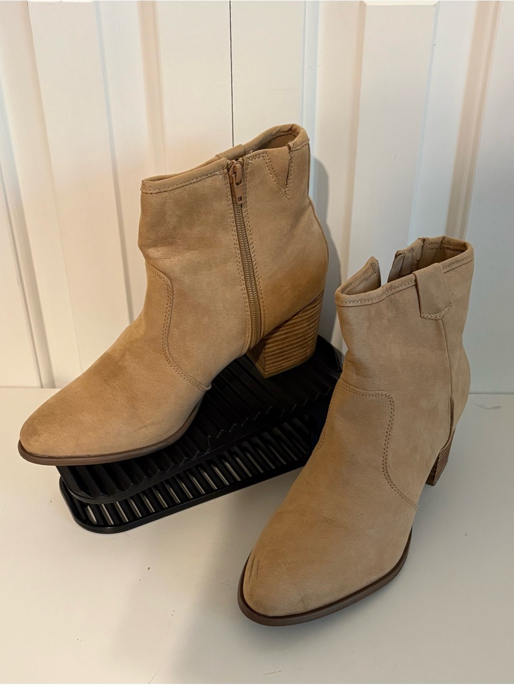 CARLOS SANTANA Faux Suede Ankle Bootie in Tan with Block Heel